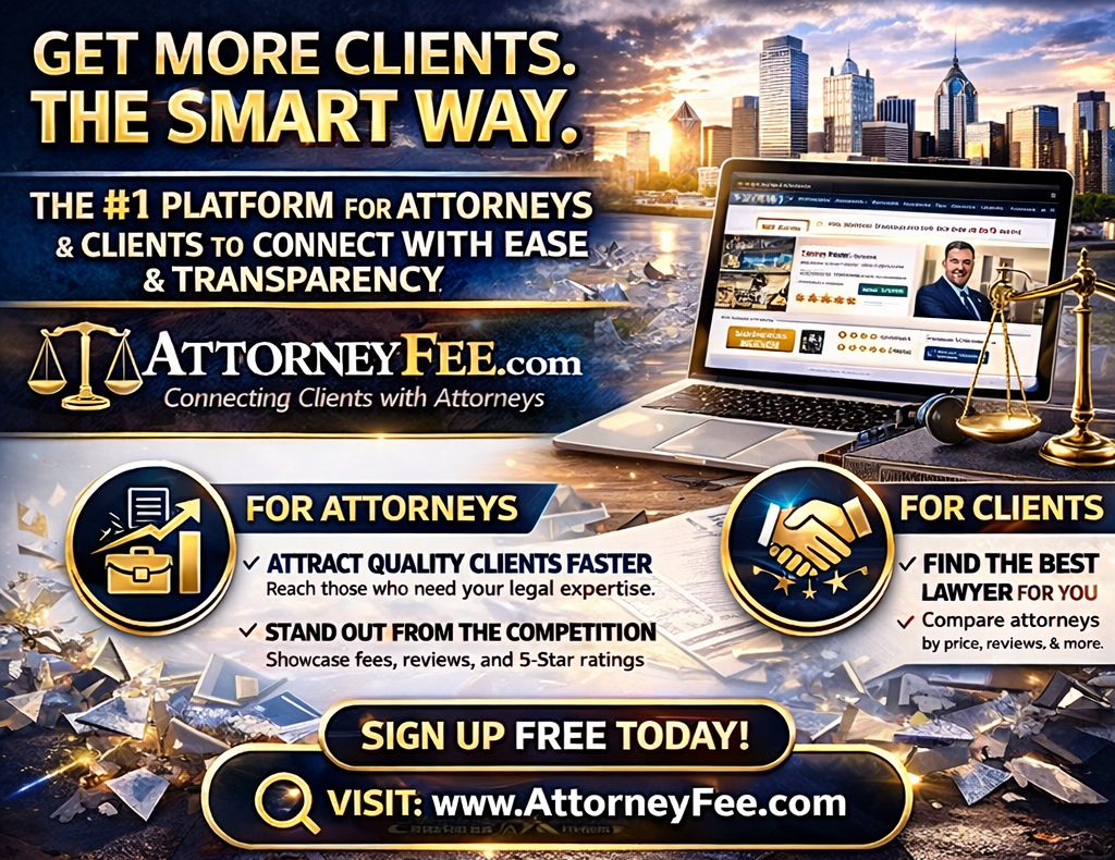 Promotional banner for AttorneyFee.com: a cityscape, laptop, and scales with text about connecting clients with attorneys; call to sign up today.